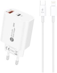 Hurtel A6MaxL hálózati töltő 1xUSB-A és 1xUSB-C csatlakozással + Type-C - Lightning kábellel 1m 20W - fehér