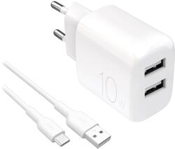 PURO ProLite hálózati töltő 2xUSB-A csatlakozással + USB-A - Type-C kábellel 1.2m 10W - fehér