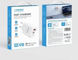 VEGER TCE650 hálózati töltő 1xUSB-A és 1xUSB-C csatlakozással 65W 3A QC3.0 PD - fehér