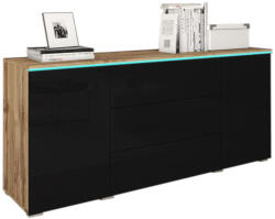 Expedo AMALIE komód, 150x68x39, 5, wotan tölgy/fekete fényű + LED (151468i)
