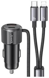 USAMS autós töltő usb+type-c aljzat (66w, pd gyorstöltő + fix type-c - lightning kábel) fekete (CC287CC01) - rufusz