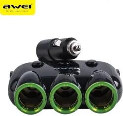Awei Adaptor priza tripla pentru bricheta auto 3 porturi 2xUSB, 3.1A, Negru (AWE000024) - vexio