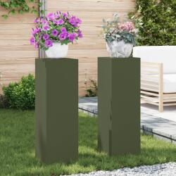 vidaXL kültéri növényállványok oszlop 2 db Olívazöld 24x24x75 cm Acél (865823)