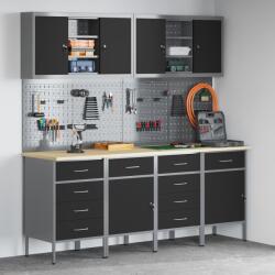 vidaXL 10 db-os munkakabinet és pegboard szett fekete MDF-ből és fémből (3321490)