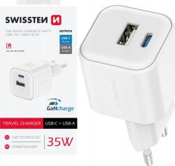 SWISSTEN 22071200 USB-A / USB-C Hálózati Gyorstöltő Adapter 35W - Fehér (22071200) (22071200)
