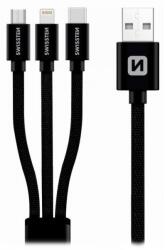 SWISSTEN 72501101 3in1 USB-A apa - microUSB / USB-C / Lightning apa Adat- és töltőkábel 1, 2m - Fekete (72501101) (72501101)