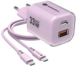 Forcell F-Energy Crystal Color GaN III VT-41 USB-C-USB-A hálózati töltő adapter szilikon kábellel, 33W, lila