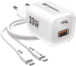 Forcell F-Energy Crystal Color GaN III VT-41 USB-C-USB-A hálózati töltő adapter szilikon kábellel, 33W, fehér