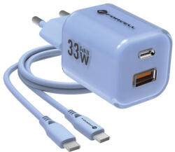 Forcell F-Energy Crystal Color GaN III VT-41 USB-C-USB-A hálózati töltő adapter szilikon kábellel, 33W, kék