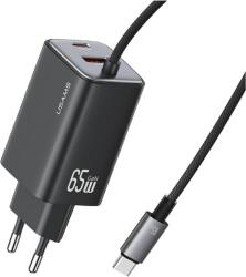 USAMS CC266 JC Series hálózati töltő 1xUSB-A és 1xUSB-C csatlakozással + rögzített Type-C kábellel 65W GaN - fekete