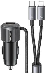 USAMS CC287 YT Series autós töltő 1xUSB-A és 1xUSB-C csatlakozással + rögzített Type-C és Lightning kábellel 66W - fekete