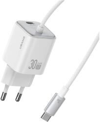 USAMS CC264 JC Series hálózati töltő 1xUSB-C csatlakozással + rögzített Type-C kábellel 30W GaN - fehér