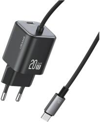 USAMS CC261 JC Series hálózati töltő 1xUSB-C csatlakozással + rögzített Type-C kábellel 20W GaN - fekete