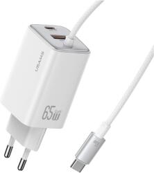 USAMS CC266 JC Series hálózati töltő 1xUSB-A és 1xUSB-C csatlakozással + rögzített Type-C kábellel 65W GaN - fehér