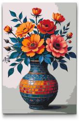  Festés számok szerint - Színes virágcsokor mozaik vázában Méret: 40x60cm, Keretezés: Kartonlemezen