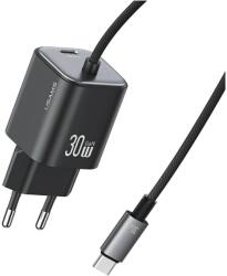 USAMS CC264 JC Series hálózati töltő 1xUSB-C csatlakozással + rögzített Type-C kábellel 30W GaN - fekete