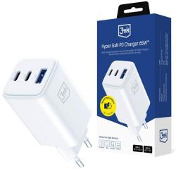 3mk Protection Hyper hálózati töltő 1xUSB-A és 2xUSB-C csatlakozással 65W QC PD GaN - fehér
