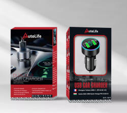 Autolife 13160 M23 Autós töltő + voltmérő - 2USB - Quick Charge 3.0 - 12-24V (13160)