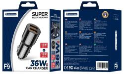 Jellico autós töltő F9 36W 2xUSB QC3.0 Fekete
