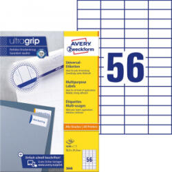 Avery Etikett címke, 52, 5 x21, 2mm, univerzális, 56 címke/ív, 100 ív/doboz, fehér (3668)