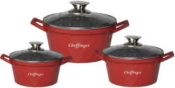 Cheffinger 3 db-os serpenyős készlet fedővel CF-DIAC03-RED, márvány bevonat, 20-24-28cm/2L-3.5L-5.7L, tapadásmentes (CF-DIAC03-RED)