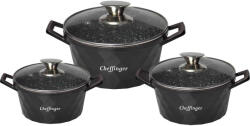 Cheffinger 3 db-os serpenyős készlet fedővel CF-DIAC03-BLK, márvány bevonat, 20-24-28cm/2L-3.5L-5.7L, tapadásmentes (CF-DIAC03-BLK)