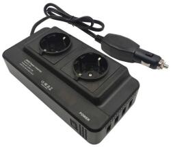 Autós feszültséginverter 12V, 200w autós töltő, 2x 220V AC aljzat, 2xUSB QC3.0 gyorstöltés, 2x tip 5V/1.2A, fekete (JC-007)