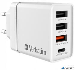 Verbatim Hálózati töltő, 1xUSB-C PD (20W), USB-A QC 3.0, 2xUSB-A (10W), VERBATIM, fehér (49701)