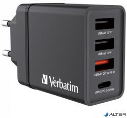 Verbatim Hálózati töltő, 1xUSB-C PD (20W), USB-A QC 3.0, 2xUSB-A (10W), VERBATIM, fekete (49700)