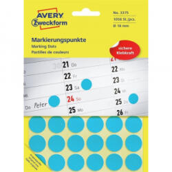 Avery Etikett címke, o18mm, jelölésre, 24 címke/ív, 44 ív/doboz, kék (3375) (3375)