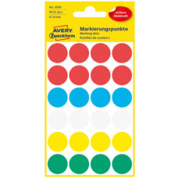 AVERY Etikett címke, o18mm, jelölésre, 5 klf. szín 24 címke/ív, 4 ív/doboz, vegyes (3089) (3089) - aqua
