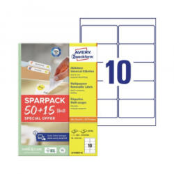 Avery Etikett címke, 96x50, 8 mm, univerzális, 65 lap, 10 címke/lap , fehér (L4744REV-65)