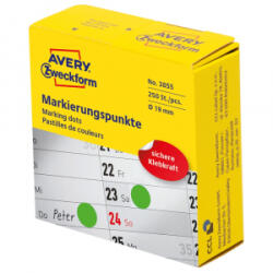 Avery Etikett címke, o19mm, tekercses jelölőpont adagoló dobozban 250 címke/doboz, zöld (3855)