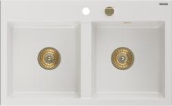 Mexen Hektor chiuvetă de bucătărie din granit cu 2 compartimente 800 x 480 mm, alb, sifon auriu - 6521802000-20-G (6521802000-20-G) Chiuveta