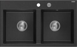 Mexen Hektor chiuvetă de granit cu 2 compartimente 800 x 480 mm, negru/argintiu metalic, sifon crom - 6521802000-73 (6521802000-73) Chiuveta