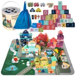 Kruzzel Fa építőkocka város szett, 100 db, út-puzzle, tároló vödör és zsák (00019159)