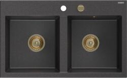 Mexen Hektor chiuvetă din granit cu 2 compartimente 800 x 480 mm, negru pătat, sifon auriu - 6521802000-76-G (6521802000-76-G) Chiuveta
