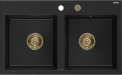 Mexen Hektor chiuvetă de bucătărie din granit cu 2 cuve 800 x 480 mm, negru, sifon auriu - 6521802000-77-G (6521802000-77-G) Chiuveta