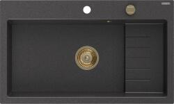 Mexen Omar chiuvetă de bucătărie din granit, cu o singură cuvă, 800 x 480 mm, negru pătat, sifon auriu - 6520801005-76-G (6520801005-76-G) Chiuveta