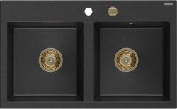 Mexen Hektor chiuvetă din granit cu 2 compartimente 800 x 480 mm, negru/argintiu metalic, sifon auriu - 6521802000-73-G (6521802000-73-G) Chiuveta