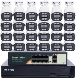  5MP H. 265 IP POE SWITCH 24db-os Bullet 2.8mm Kamerás Biztonsági Rendszer IP66 Vízálló Éjjeli látás Hangrögzítés AI észlelés XmEye Pro App Távoli hozzáférés