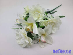Dália-Orchidea 7 ágú selyem csokor fűszálakkal 49cm - Krém