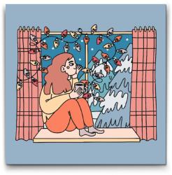 Festés számok szerint - Illusztráció - Kávé az ablaknál Méret: 30x30cm, Keretezés: Műanyagtáblával
