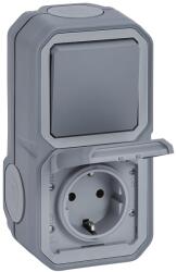 Legrand LEGRAND, Plexo Nou comutator universal AP rezistent la umezeala (1 poli) si priza de contact cu impamantare (SL), incl. capac cu balamale, vert. , IP44-IK07 (priza), IP55 - IK07 (intrerupator), culoar