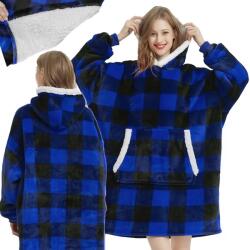 Meleg oversize kapucnis takaró-pulóver XXL, kék kockás, unisex (24558_NK)
