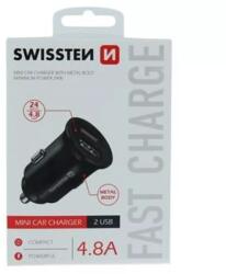 SWISSTEN Autós Gyorstöltő 2 USB Csatlakozóval 24 Watt - Fekete
