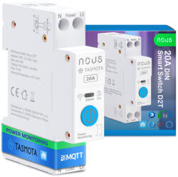 Nous D2T DIN-sín kompatibilis Wi-Fi-s fogyasztásmérős relémodul, Tasmota firmware, Matter kompatibilis, 20A (NOU-REL-D2T)