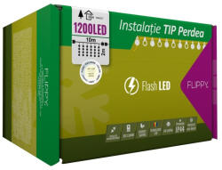 Flippy Instalatie Craciun, Tip Perdea, IP44, 10 m x 2 m, 1200 LED-uri, Alb cald, cu flash, Transformator, Interconectabila, Prelungitor 3 m inclus, Fir transparent, Interior Exterior, Flippy (teo-109940)