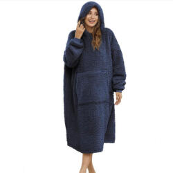 Patura cu maneci, tip Hanorac, cu gluga si buzunar cangur, Flanel 250g/mp 135 cm, Albastru, ideal pentru a te inveli de frig, fie ca stai acasa pe canapea sau in aer liber (4485)