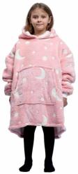 Patura cu maneci, Luna Roz, tip Hanorac, fosforescenta, ultra usor si calduros, pentru fete, cu buzunar tip cangur, manseta elastica, Flanel & Polar, 75 cm (4026)